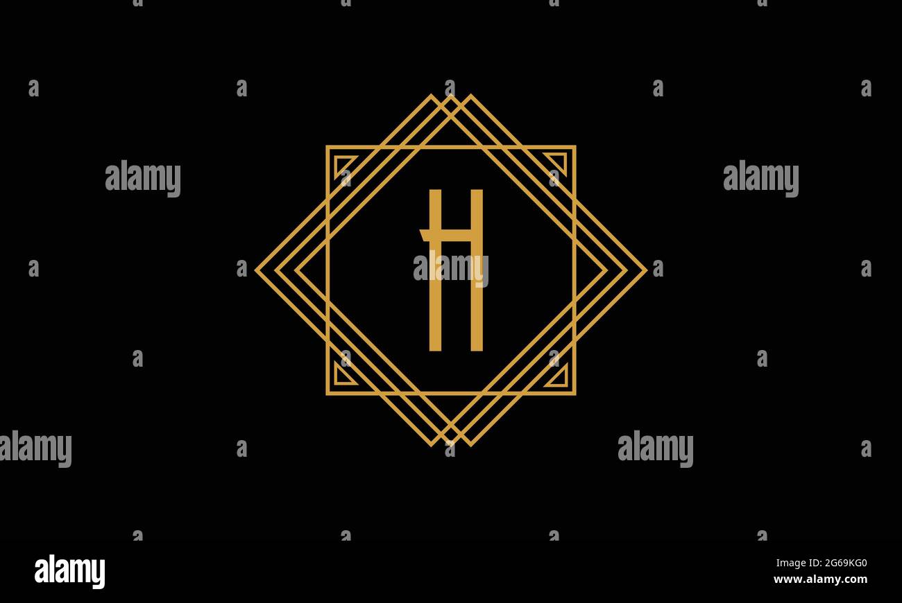 Lettre H art déco logo minimalstique de couleur or isolé sur fond noir avec cadre carré Illustration de Vecteur