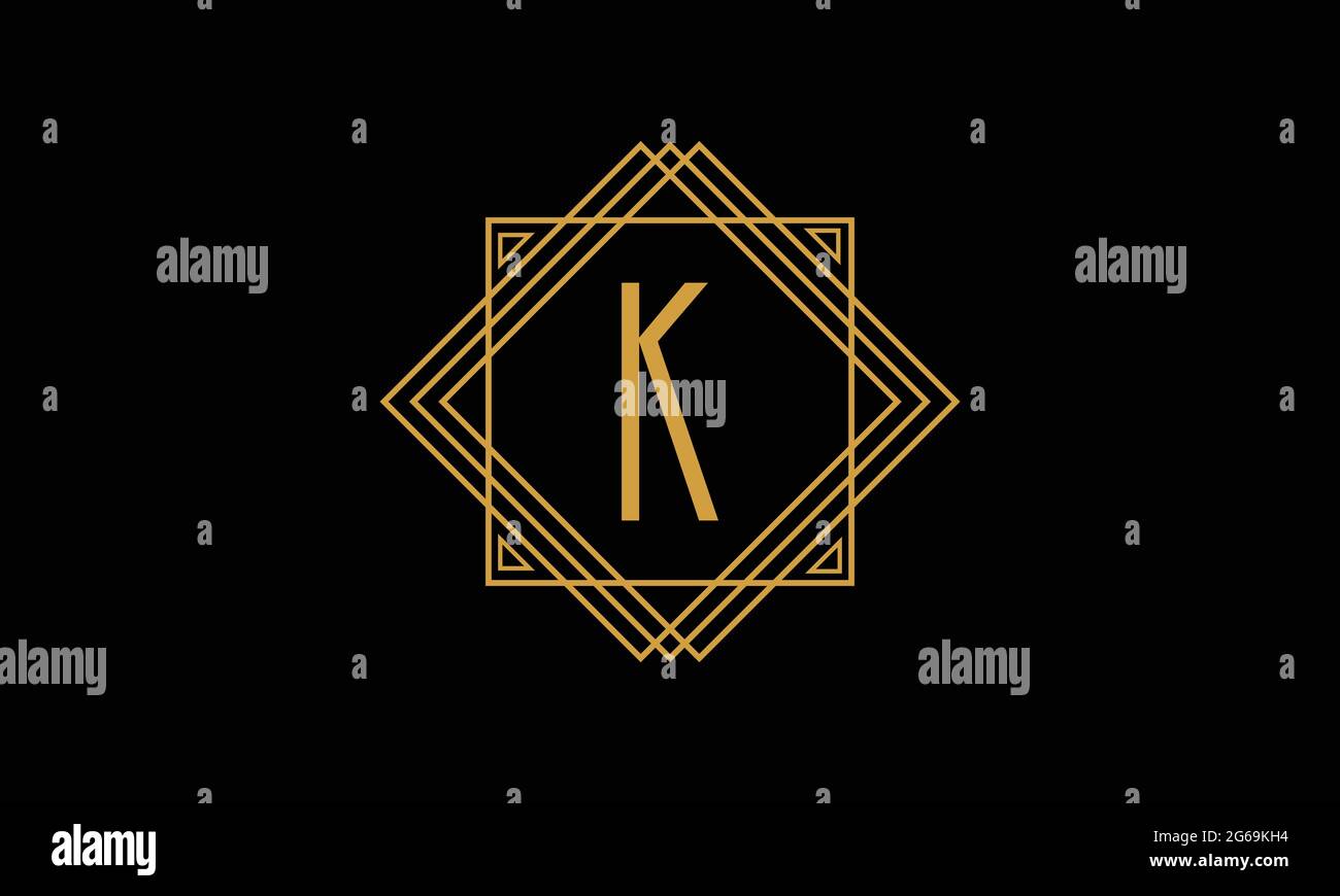 Lettre K art déco logo minimalstic de couleur or isolé sur fond noir avec cadre carré Illustration de Vecteur