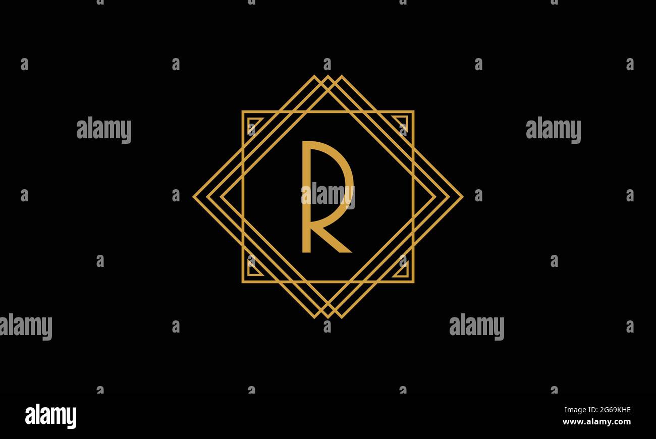 Lettre R art deco minimalstic logo en or isolé dans fond noir avec cadre carré Illustration de Vecteur