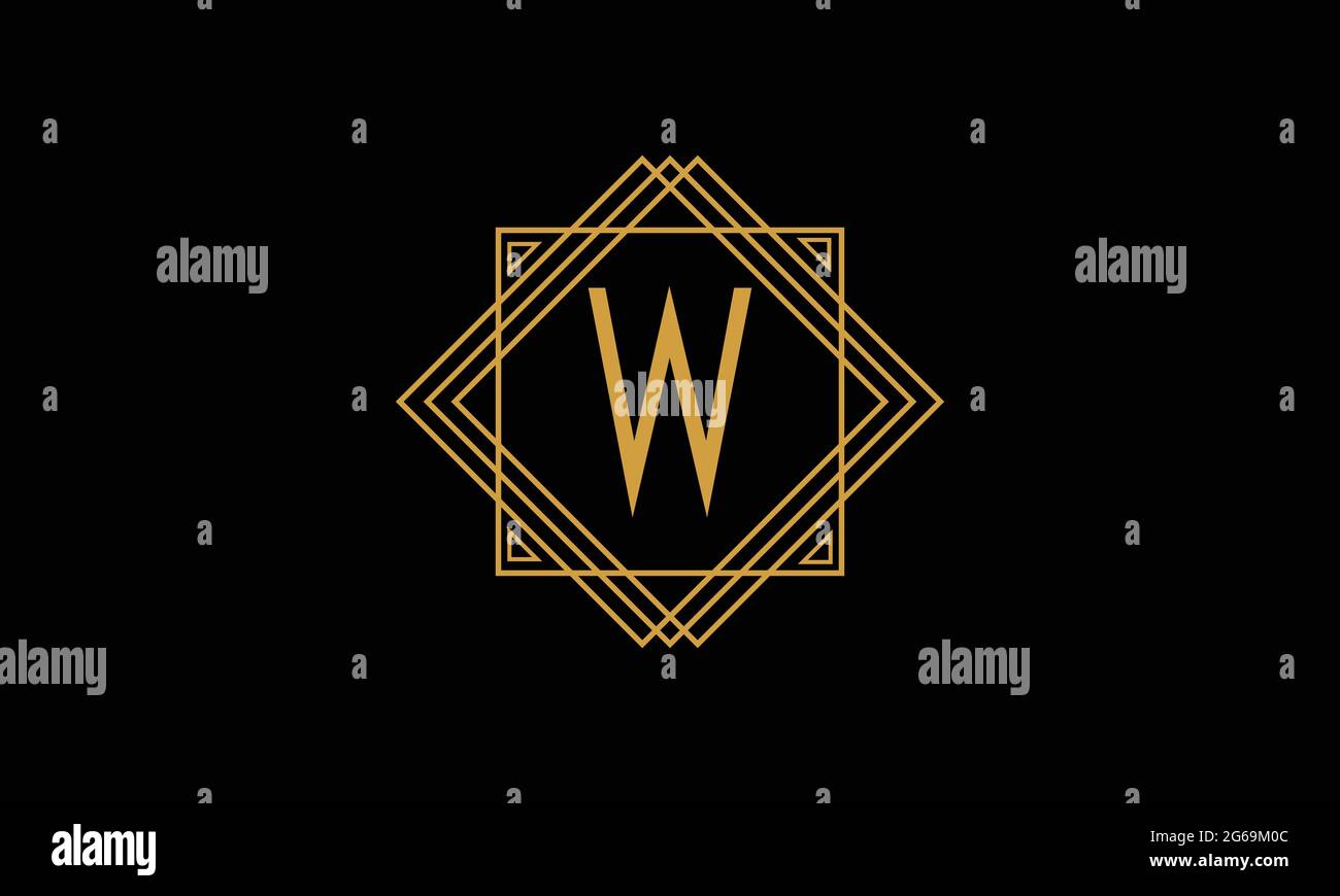 Lettre W art déco logo minimalstic de couleur or isolé sur fond noir avec cadre carré Illustration de Vecteur