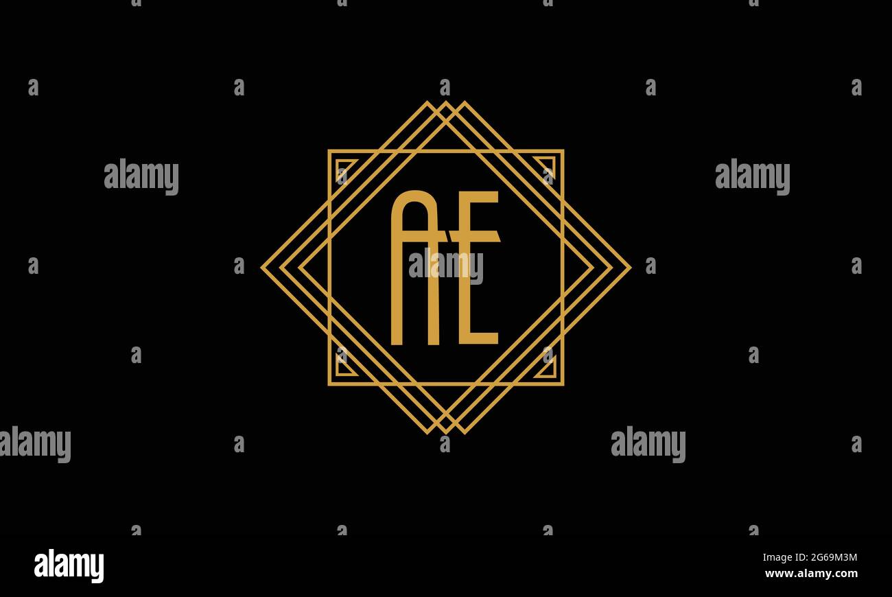 Joint relié lettres A et E Art déco minimalstic logo en or isolé dans fond noir avec cadre carré Illustration de Vecteur