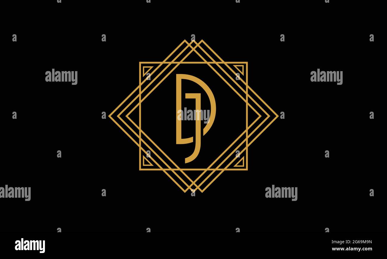 Joint relié lettres D et J Art déco logo minimalstic de couleur or isolé dans fond noir avec cadre carré Illustration de Vecteur
