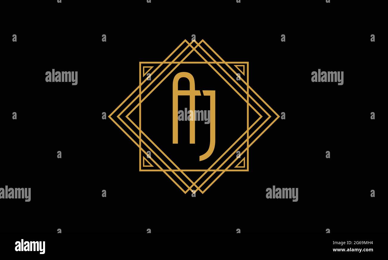 Joint relié lettres A et J Art deco minimalstic logo en or isolé dans fond noir avec cadre carré Illustration de Vecteur