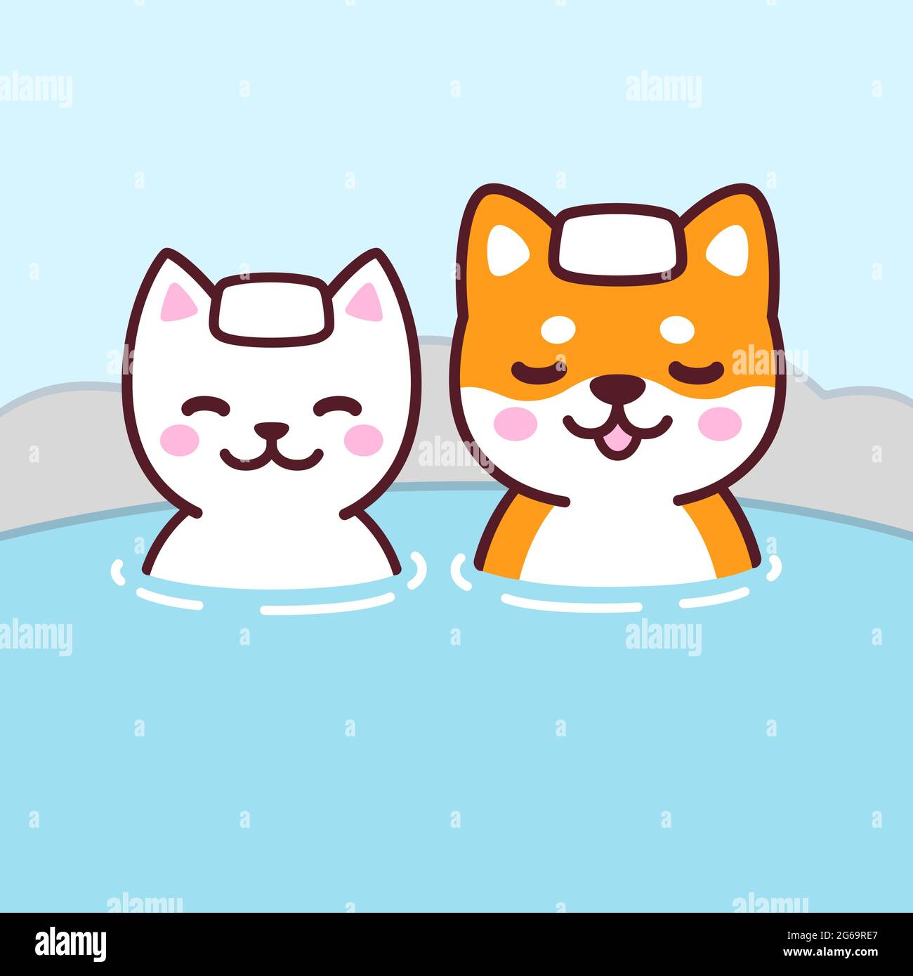 Mignon chat et chien de dessin animé dans la source chaude japonaise Onsen. Dessin de couple de kawaii, illustration de vecteur drôle. Illustration de Vecteur