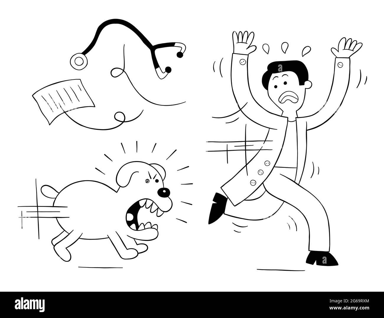 Le chien de dessin animé est très en colère et chasse le vétérinaire, illustration vectorielle. Contour noir et couleur blanche. Illustration de Vecteur