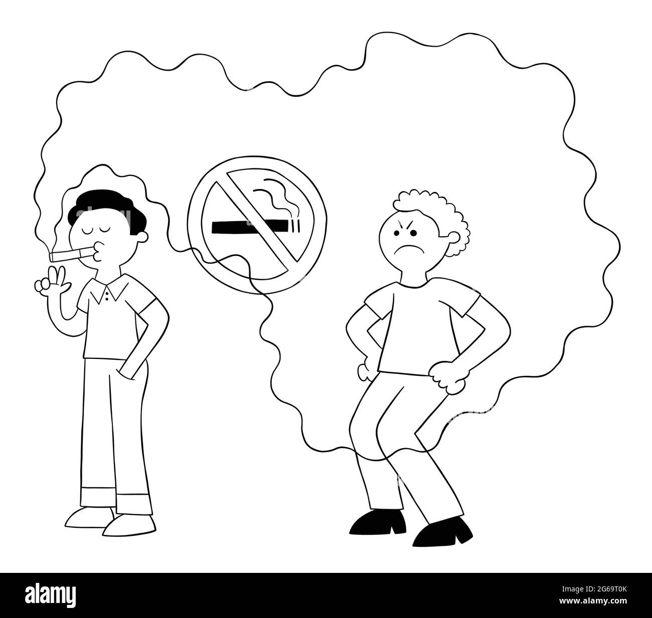 Un homme de dessin animé fume dans un endroit non fumeur et un homme derrière est gêné par la fumée de cigarette, illustration vectorielle. Contour noir et couleur blanche. Illustration de Vecteur