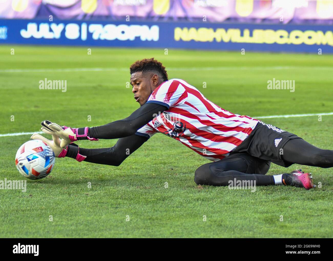 03 juillet 2021 : le gardien de but de Philadelphie, Andre Blake (18), pendant l'échauffement avant le match MLS entre l'Union de Philadelphie et Nashville SC au Nissan Stadium de Nashville, TN. Kevin Langley/CSM Banque D'Images