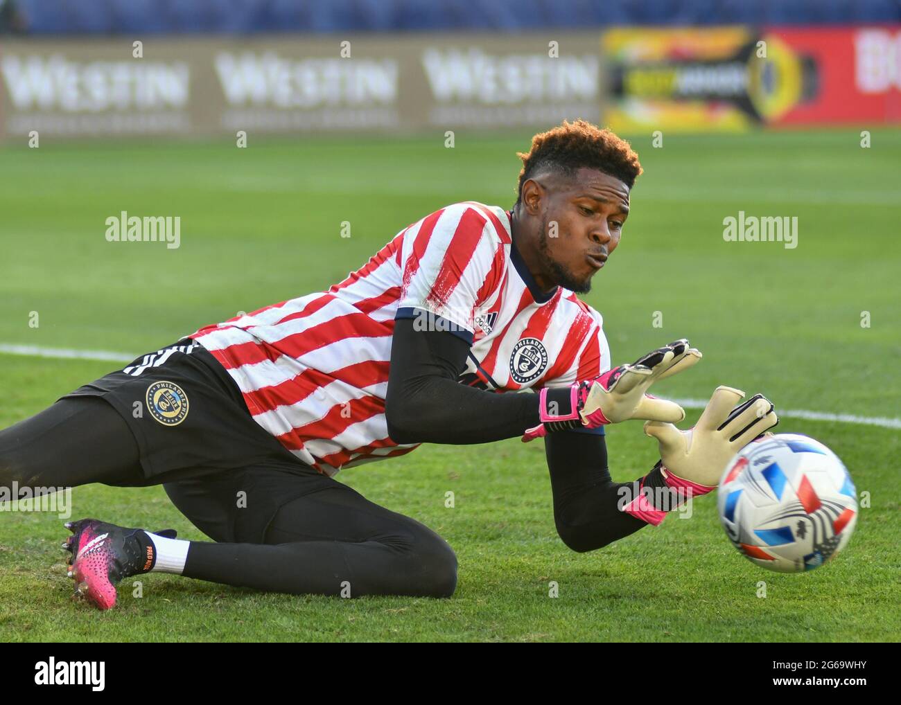 03 juillet 2021 : le gardien de but de Philadelphie, Andre Blake (18), pendant l'échauffement avant le match MLS entre l'Union de Philadelphie et Nashville SC au Nissan Stadium de Nashville, TN. Kevin Langley/CSM Banque D'Images