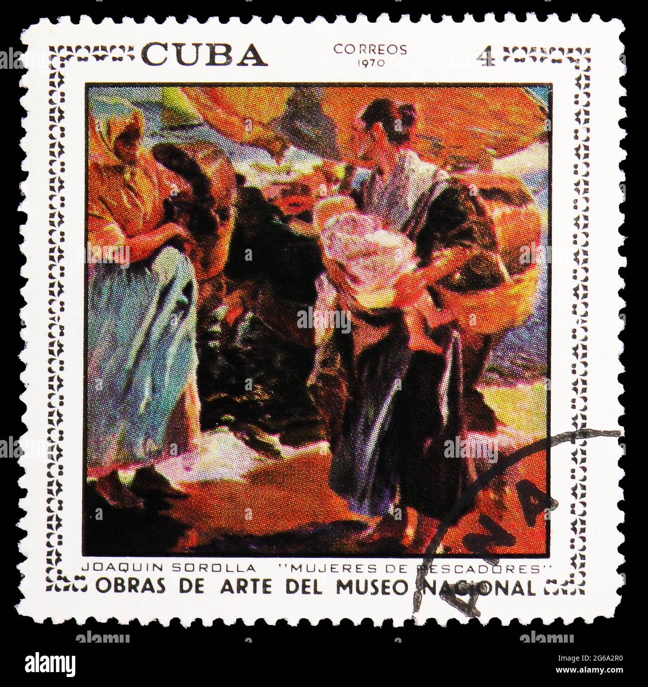 MOSCOU, RUSSIE - 18 AVRIL 2020 : le timbre-poste imprimé à Cuba montre les femmes de Fisher par Joaquin Sorolla, tableaux du Musée national de la Havane, seri Banque D'Images