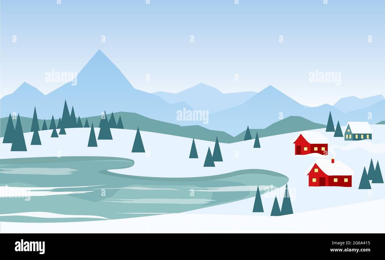 Illustration vectorielle d'un magnifique paysage d'hiver avec des maisons rouges sur le fond des montagnes et du lac dans un style de dessin animé plat. Illustration de Vecteur