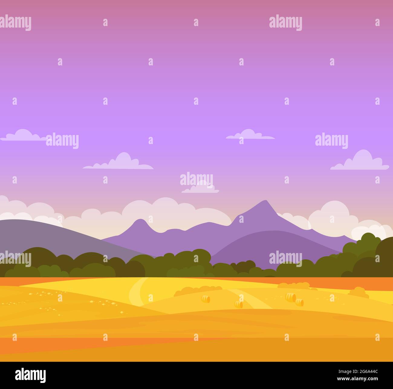 Illustration vectorielle d'un magnifique paysage d'automne coloré avec champs, montagnes et ciel. Concept agricole, style dessin animé plat. Illustration de Vecteur