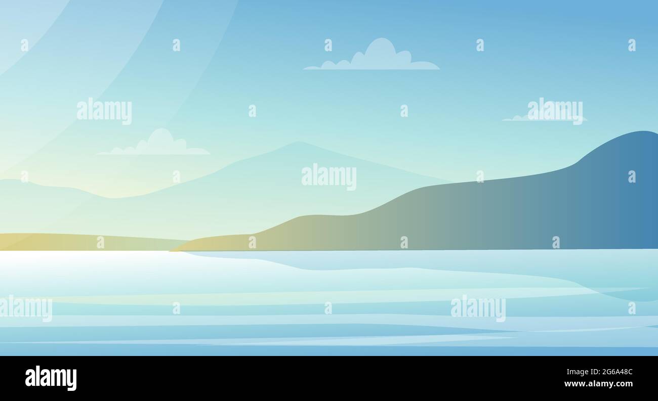 Illustration vectorielle beau paysage avec lac et montagnes dans des couleurs pastel. Arrière-plan nature, vue sur la mer dans un style plat. Illustration de Vecteur