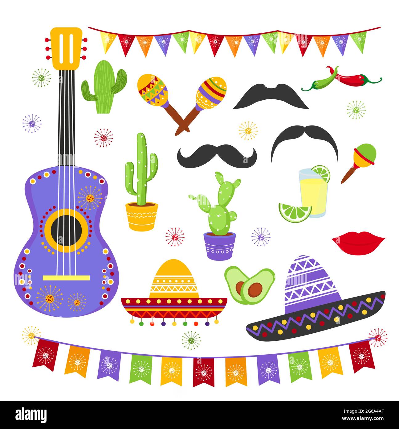 Ensemble d'illustrations vectorielles d'éléments carnaval fiesta dans des couleurs vives et de style mexicain. Collection Cinco de Mayo sombreros, guitare, fleurs de cactus Illustration de Vecteur