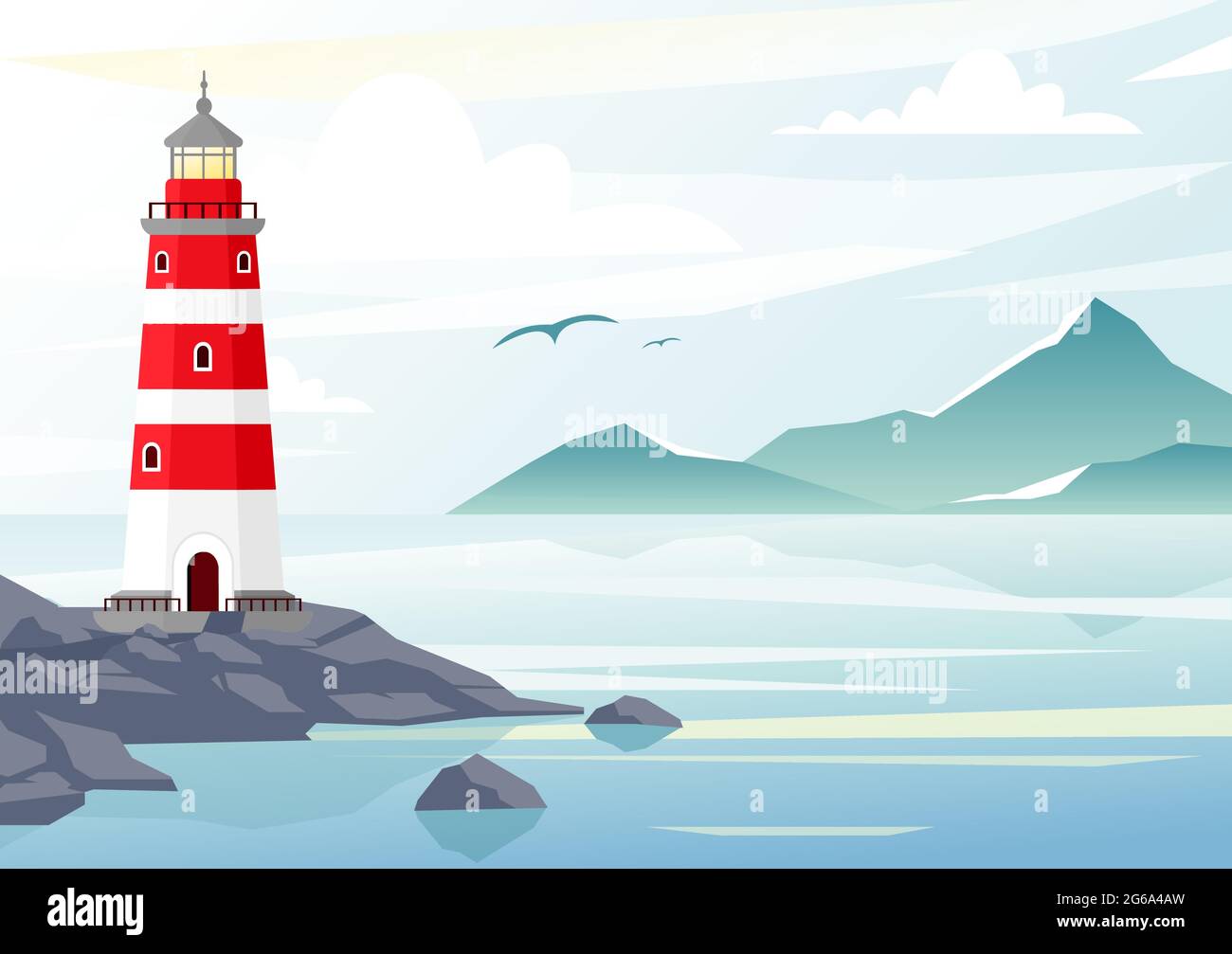 Illustration vectorielle d'un fond bleu de mer avec vagues et montagnes. phare sur les rochers, paysage de mer avec ciel bleu, brouillard. Illustration de Vecteur