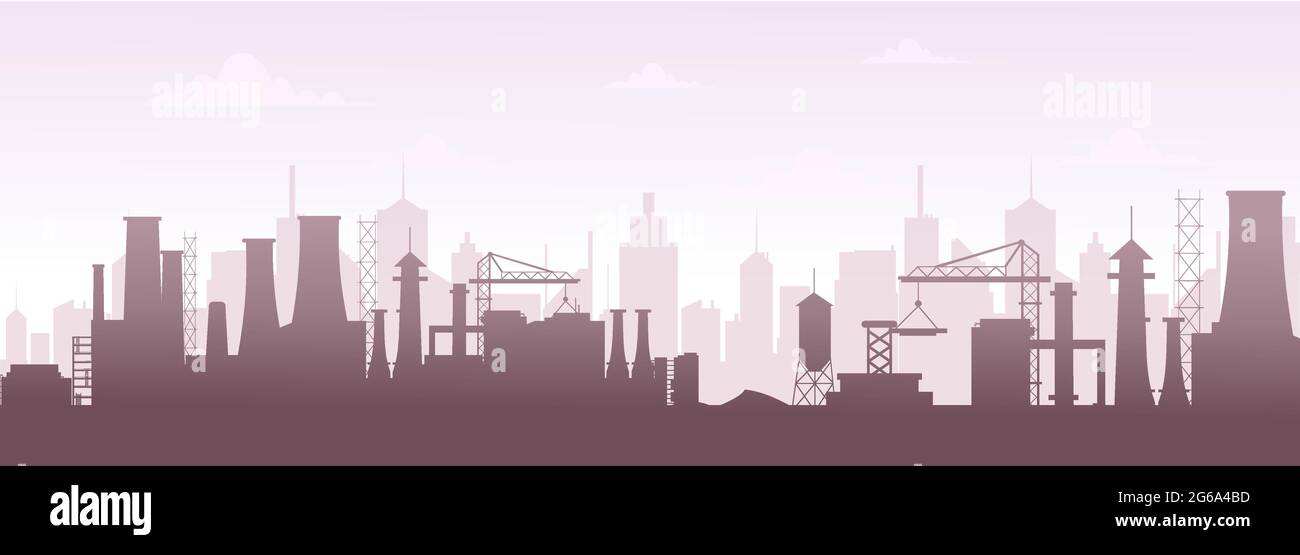 Illustration vectorielle de la silhouette des bâtiments industriels. Paysage urbain moderne, pollution de l'usine dans un style plat. Illustration de Vecteur