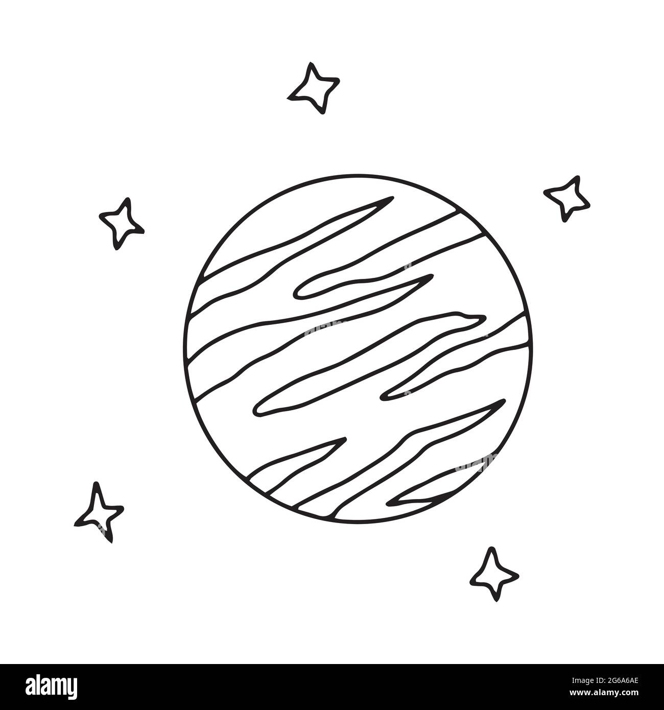 Planète et étoiles dans l'espace. Illustration vectorielle noire et blanche isolée en forme de doodle. Jupiter Illustration de Vecteur