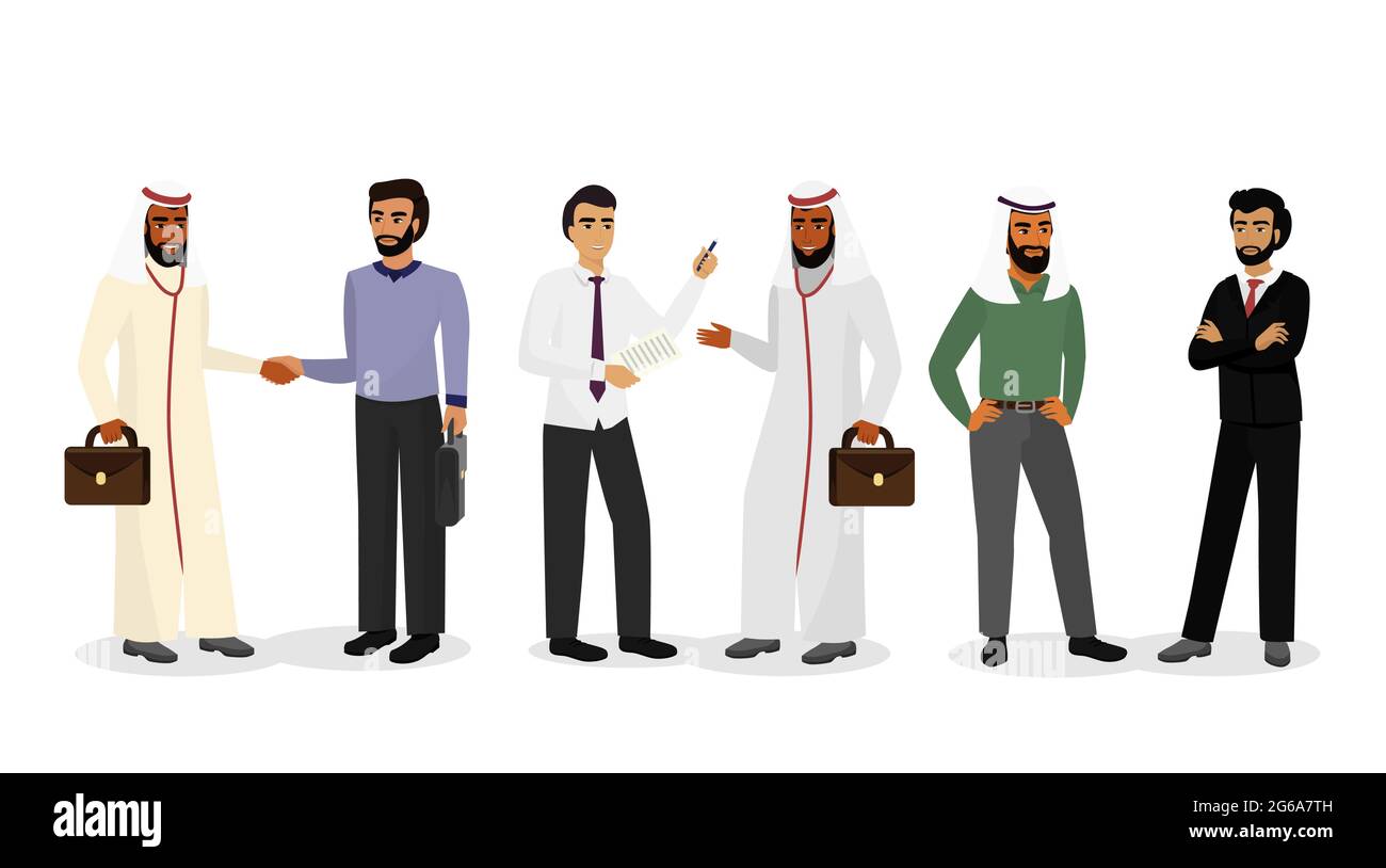Illustration vectorielle des hommes d'affaires arabes, debout, parlant et souriant. Affaires réussies avec le peuple musulman, concept social. Les musulmans y sont Illustration de Vecteur