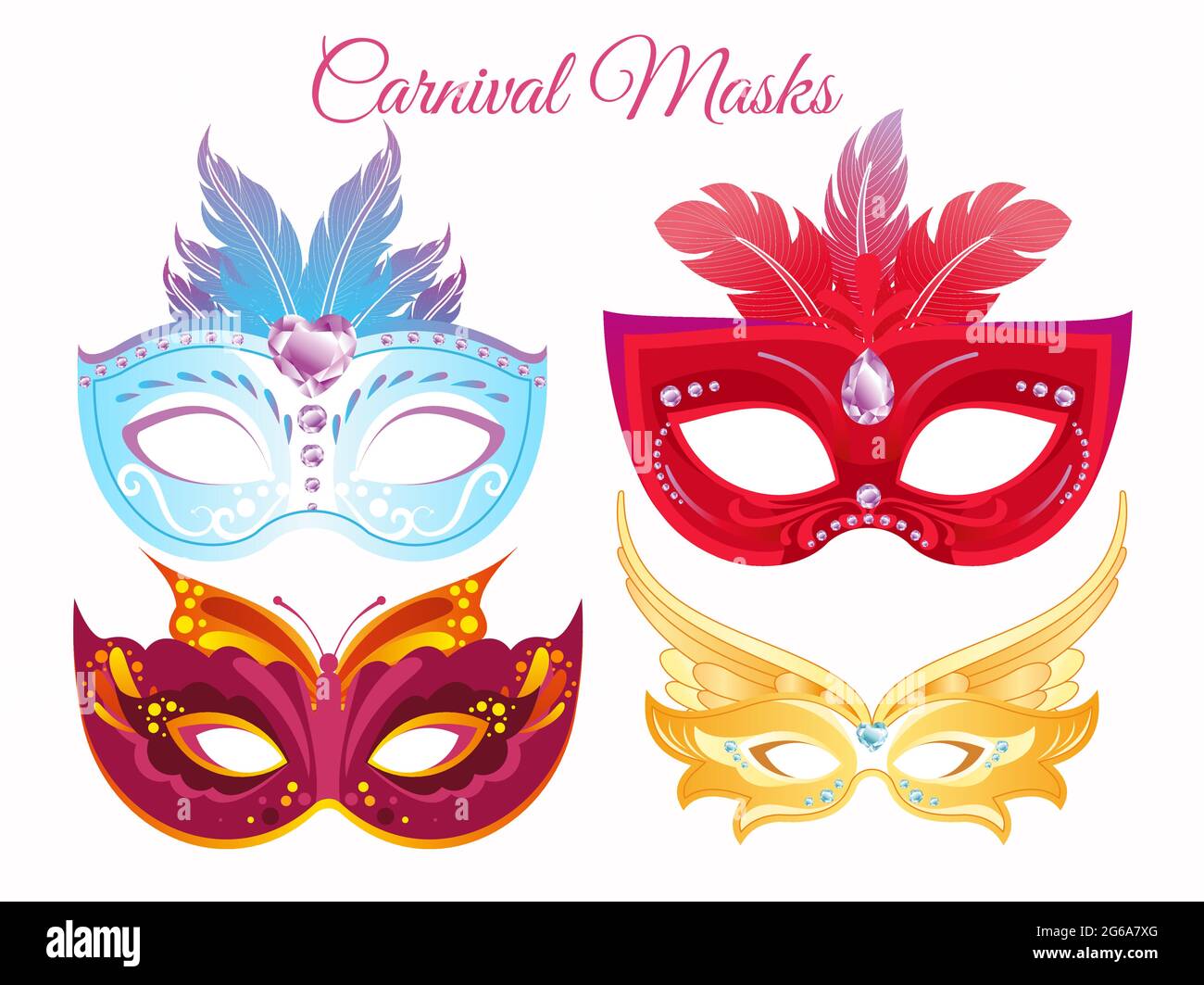 Ensemble d'illustrations vectorielles masques de carnaval peints vénitien. Masques pour une fête décorés de plumes colorées et de strass isolés dessus Illustration de Vecteur