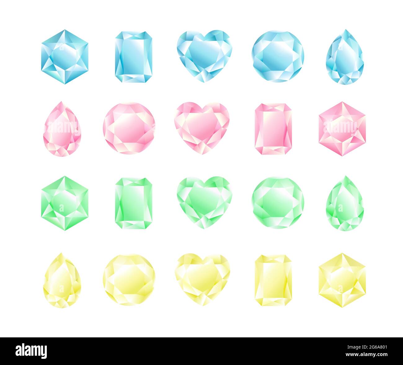 Ensemble d'illustrations vectorielles de cristaux différentes formes et couleurs, collection de diamants, couleurs pastel. Illustration de Vecteur