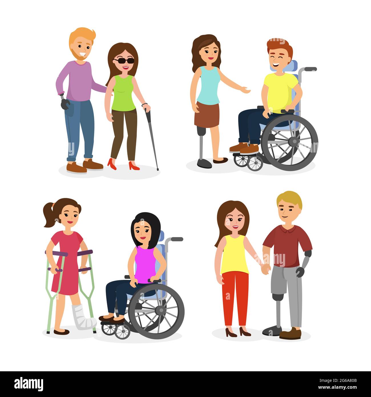 Scénario ensemble de personnes handicapées avec des amis, marchant et parlant jeunes heureux avec fauteuil roulant et béquilles dans le style de dessin animé plat. Illustration de Vecteur