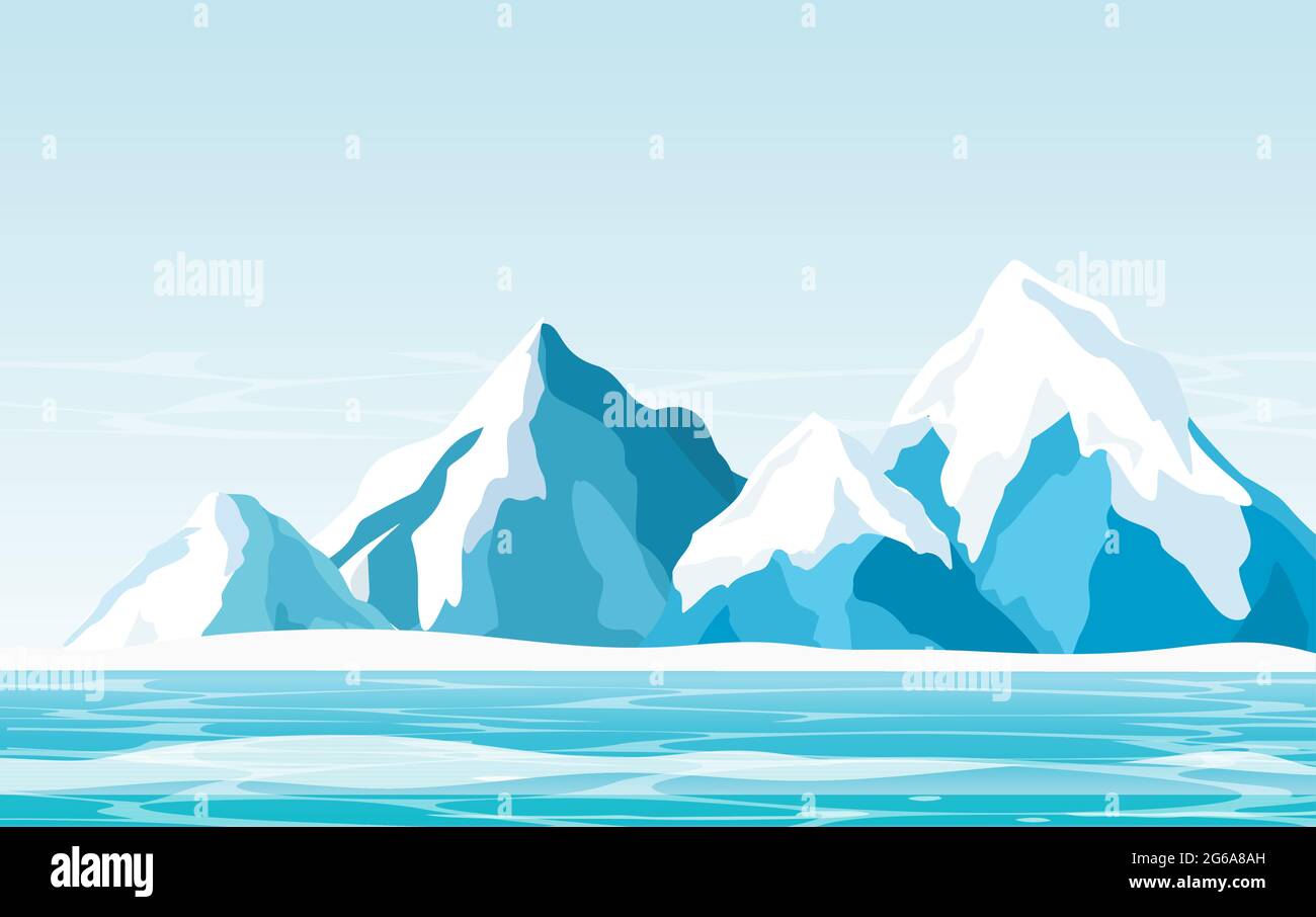 Illustration vectorielle de montagnes enneigées avec fond de glace, d'océan et de ciel clair dans un style plat. Illustration de Vecteur