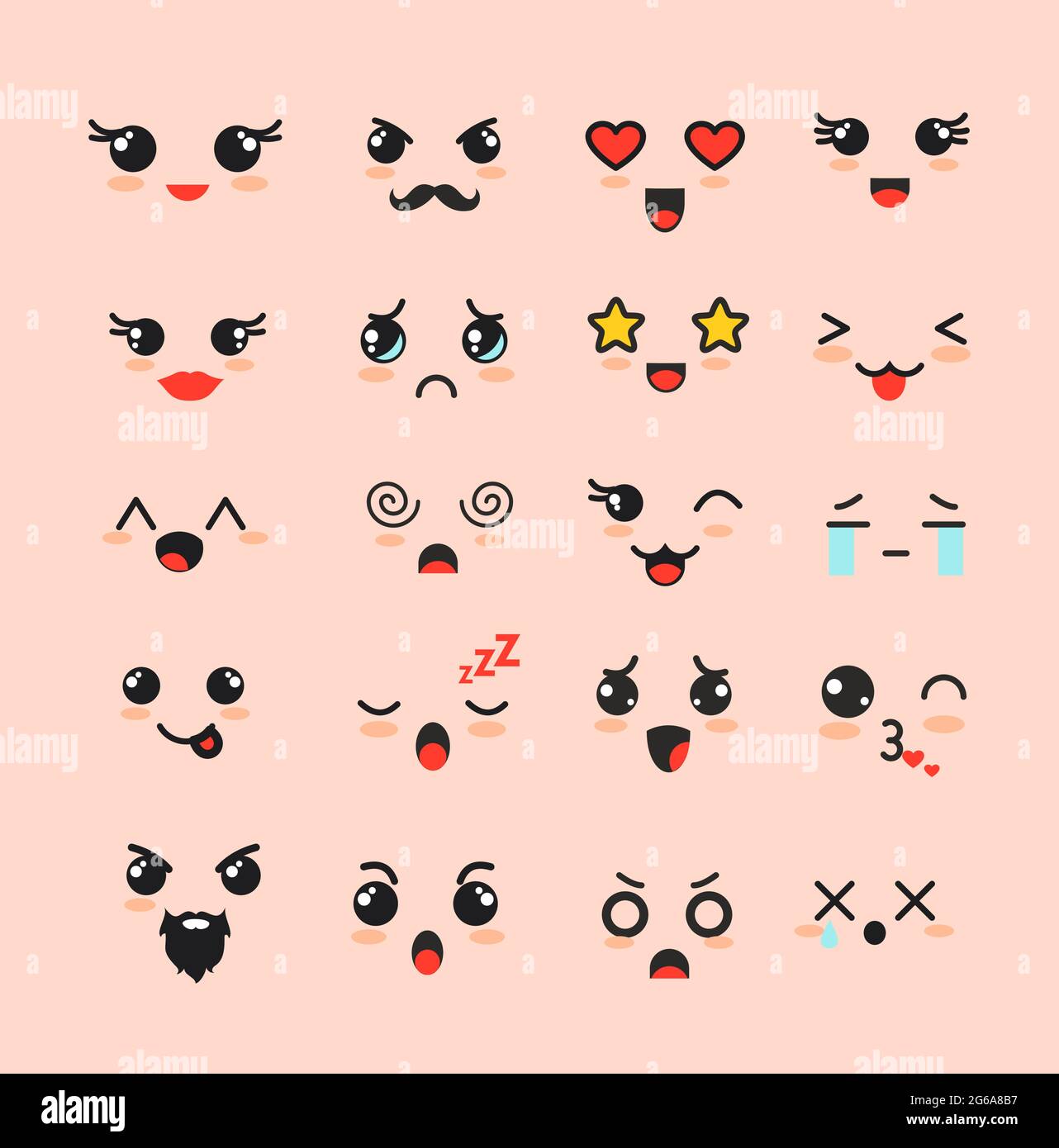 Ensemble d'illustrations vectorielles de visages mignons, différentes émoticônes kawaii, émoticônes de personnages adorables d'emoji sur fond blanc. Illustration de Vecteur