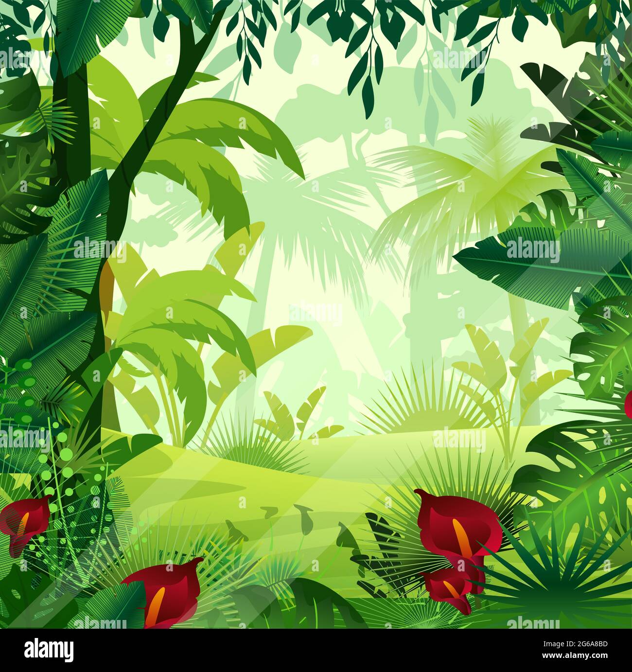 Illustration vectorielle de la pelouse de fond de la jungle le matin. Jungle colorée et lumineuse avec fougères, arbres, buissons, vignes et fleurs dans un style de dessin animé. Illustration de Vecteur