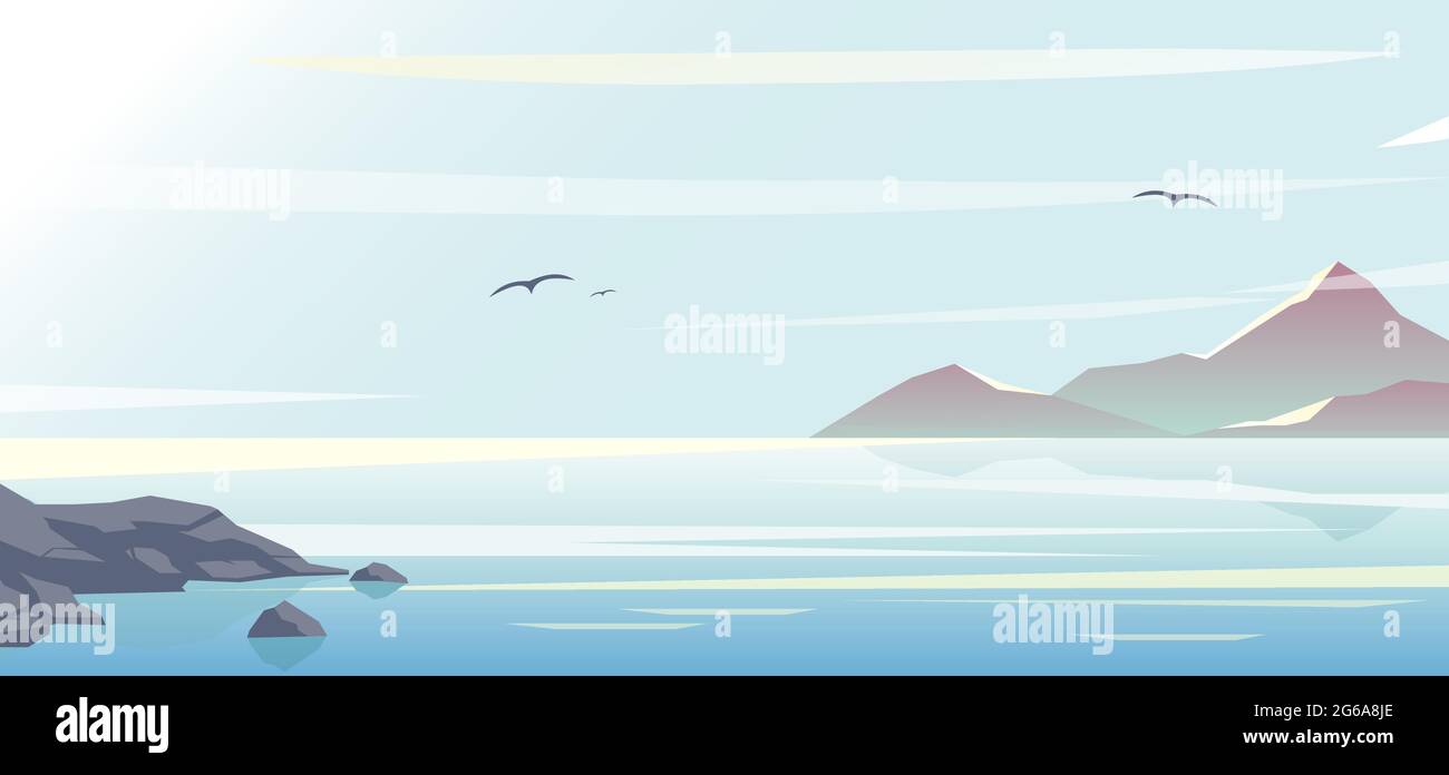Illustration vectorielle de la magnifique mer bleue, fond de ciel et montagnes, heure du matin, océan dans le style plat et couleurs pastel. Illustration de Vecteur