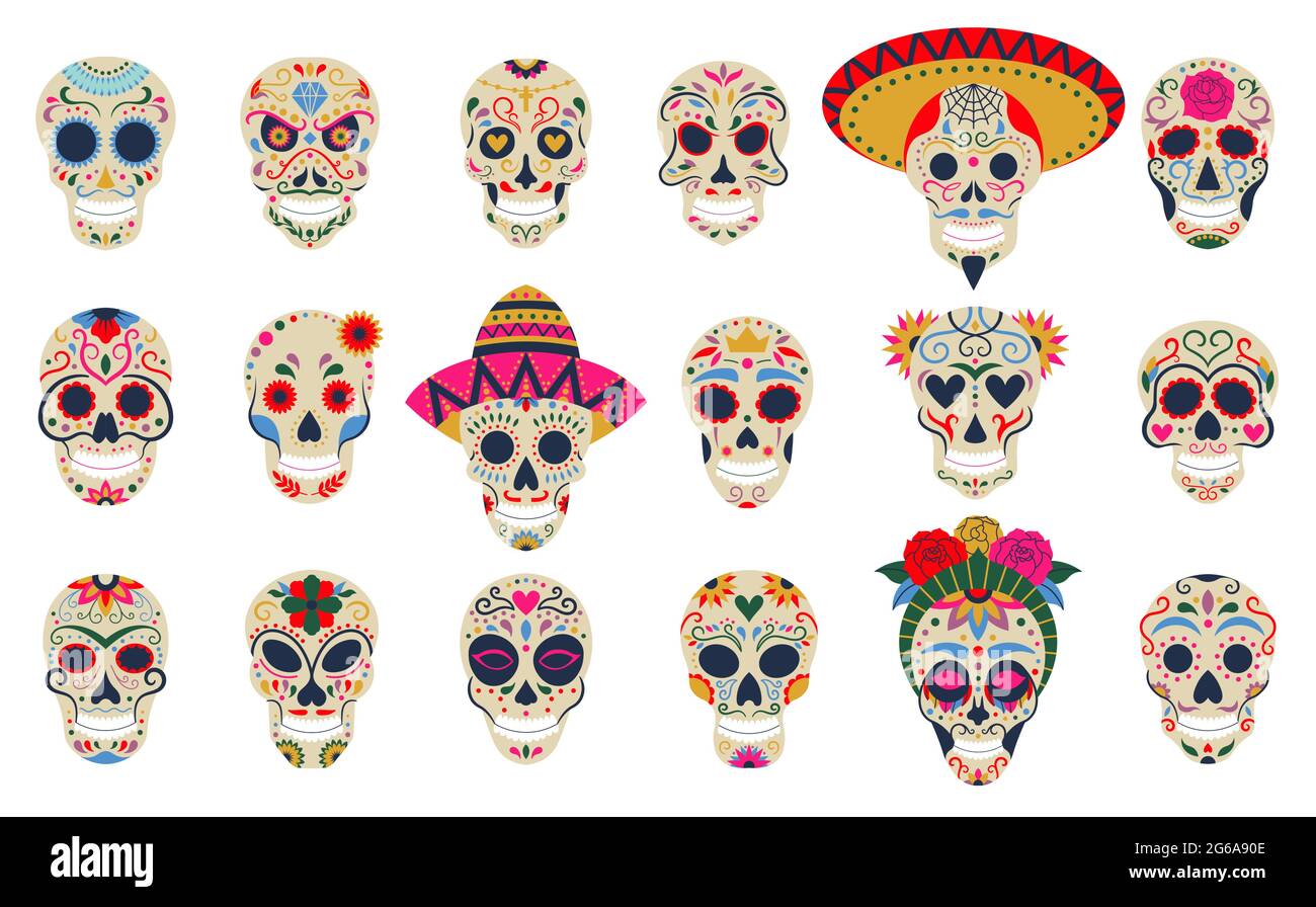 Dia de los muertos crânes. Jour des morts festival crânes, sucre floral tête humaine os ensemble de symboles vectoriels. Décoration mexicaine de vacances de la mort Illustration de Vecteur