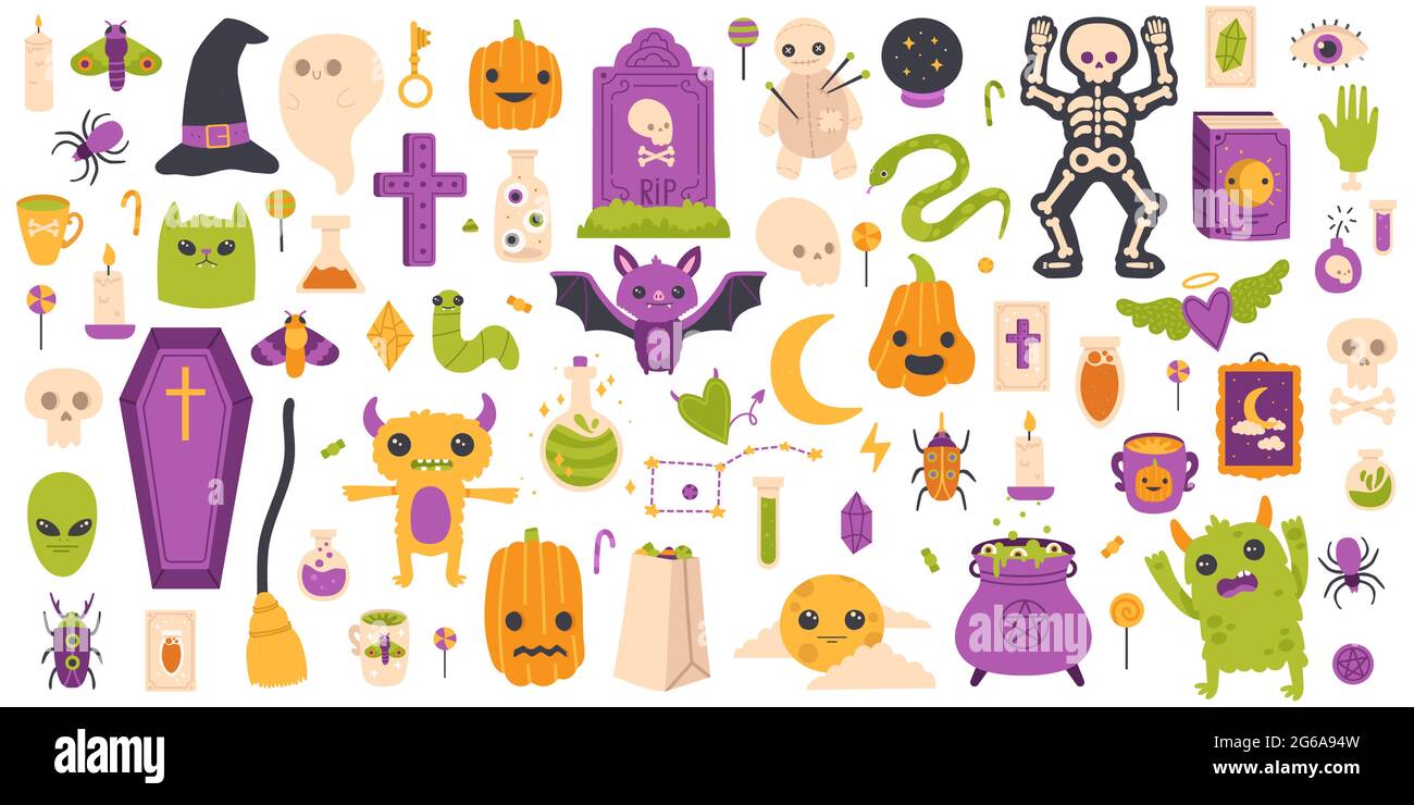 Éléments d'Halloween. Ensemble de symboles vectoriels isolés de citrouille, de pierre tombale, de fantôme et de chauve-souris dessinées à la main. Icônes de décoration effrayantes pour halloween Illustration de Vecteur