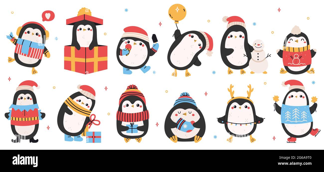 Jolis pingouins de vacances. Noël pingouins dessinés à la main, Noël vacances hiver pingouins personnages isolés vecteur illustration ensemble. Manchots amusants Illustration de Vecteur