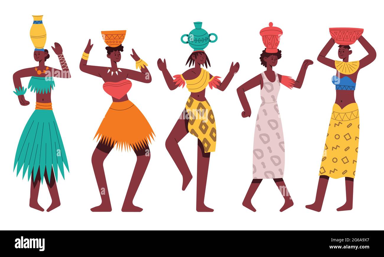 Danse des femmes autochtones africaines. Des personnages africains féminins dansant la danse tribale illustration vectorielle isolée. Femmes tribales noires africaines Illustration de Vecteur