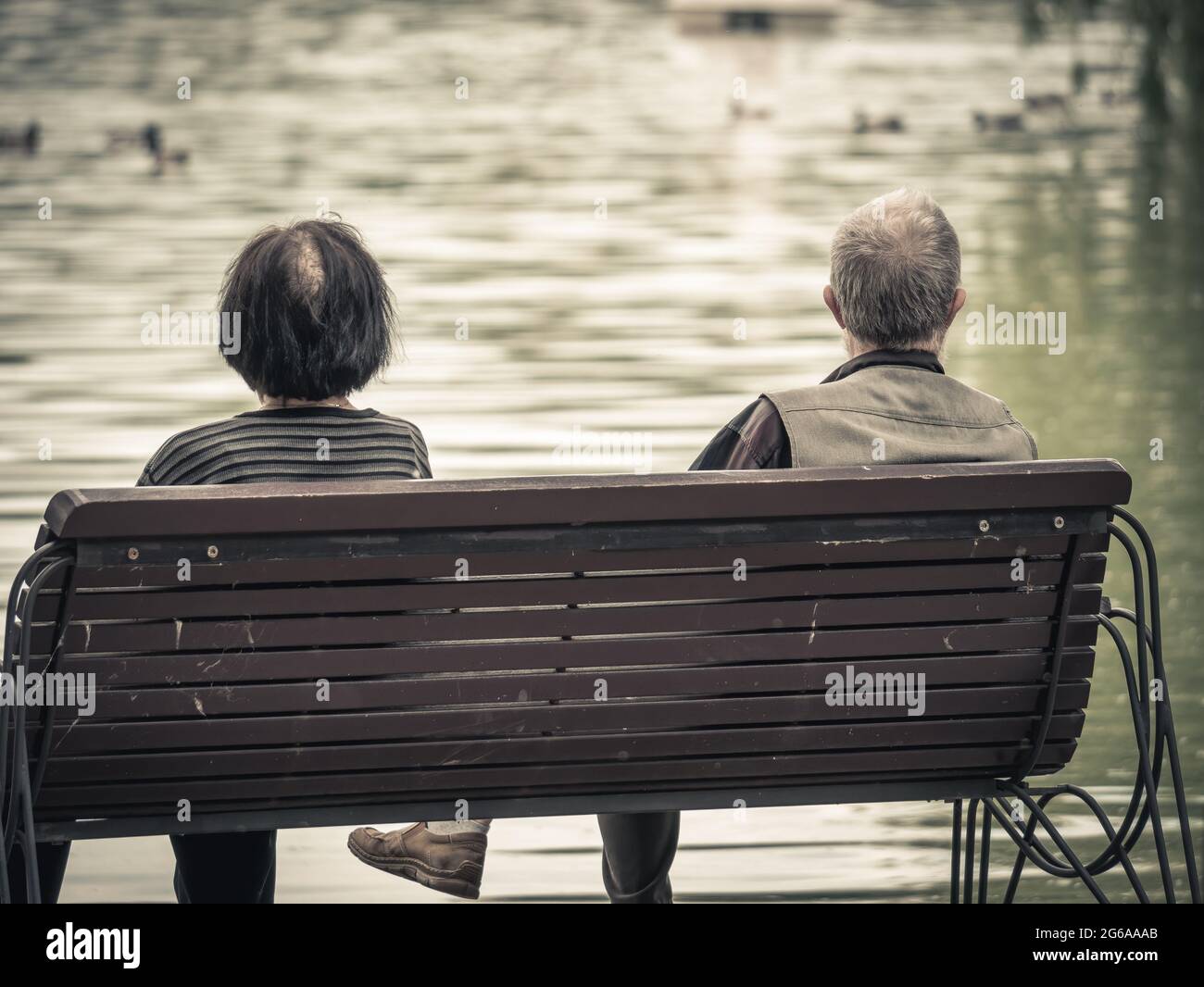 Image vintage avec deux aînés assis sur un banc dans un parc et regardant le lac Banque D'Images