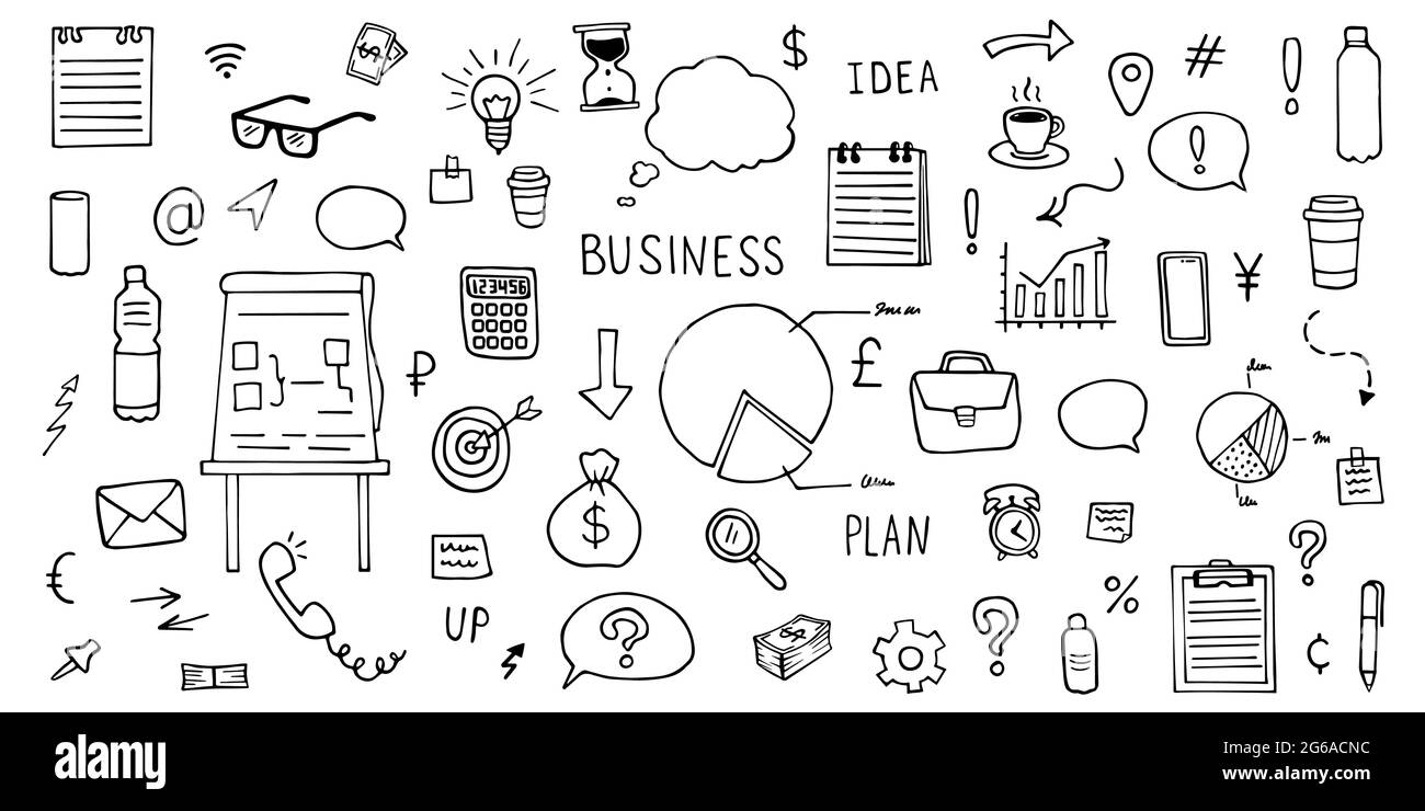 Ensemble de caniche d'affaires. Icônes infographiques vectorielles dessinées à la main - bureau, finance, stratégie Illustration de Vecteur