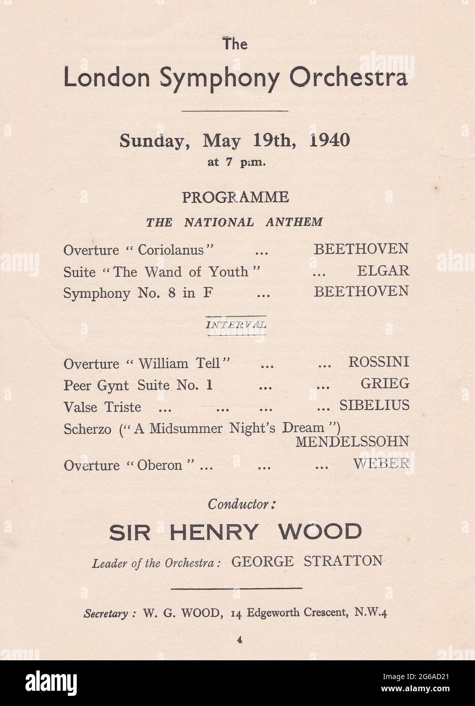 Vintage The London Symphony Orchestra - Alma Cinema, Luton Program, 19 mai 1940. Banque D'Images