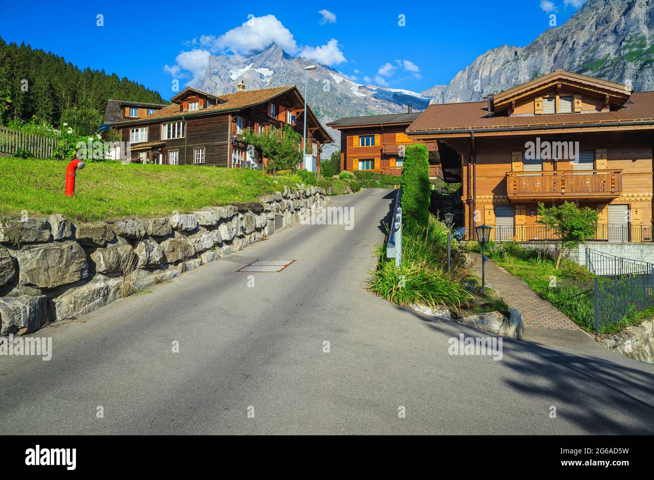 Admirable vue sur la rue avec maisons en bois et jardins dans le village de montagne de Grindelwald, Oberland bernois, Suisse, Europe Banque D'Images