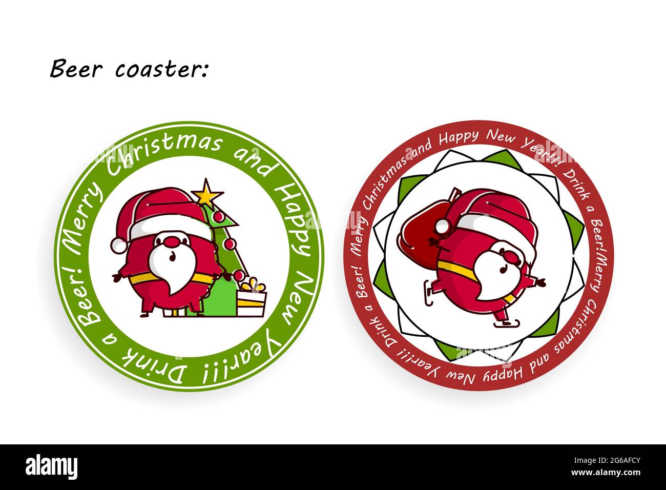 Deux dessins animés Santas Claus dessous de verre pour Joyeux Noël salutations. Texte vectoriel simple pour les vacances de Noël. Sac rouge à motif Père Noël tendance Illustration de Vecteur