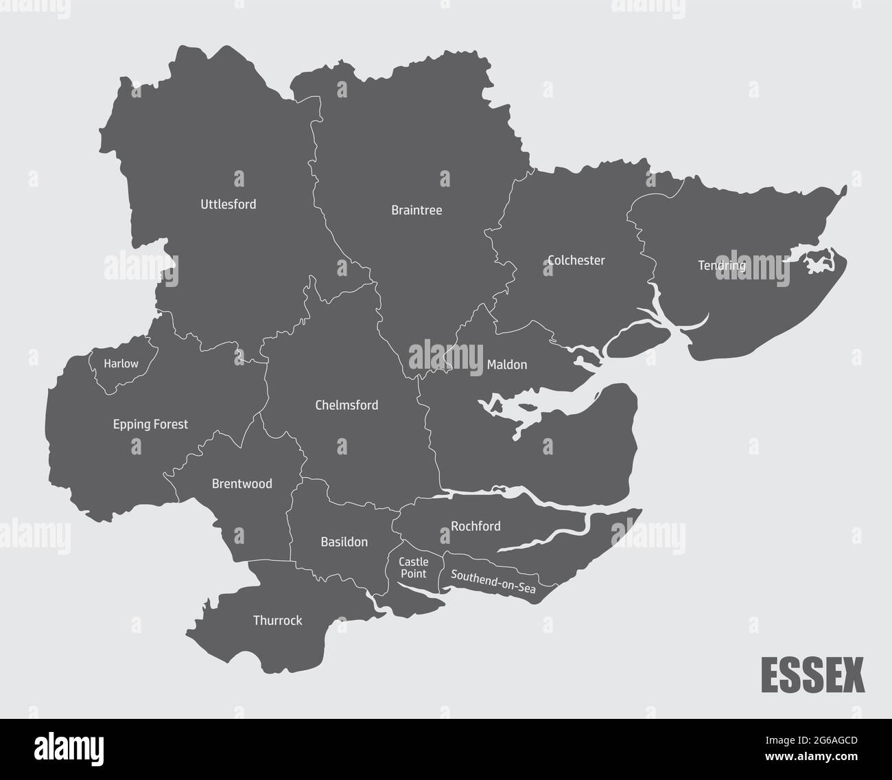 La carte du comté d'Essex est divisée en districts avec des étiquettes, l'Angleterre Illustration de Vecteur