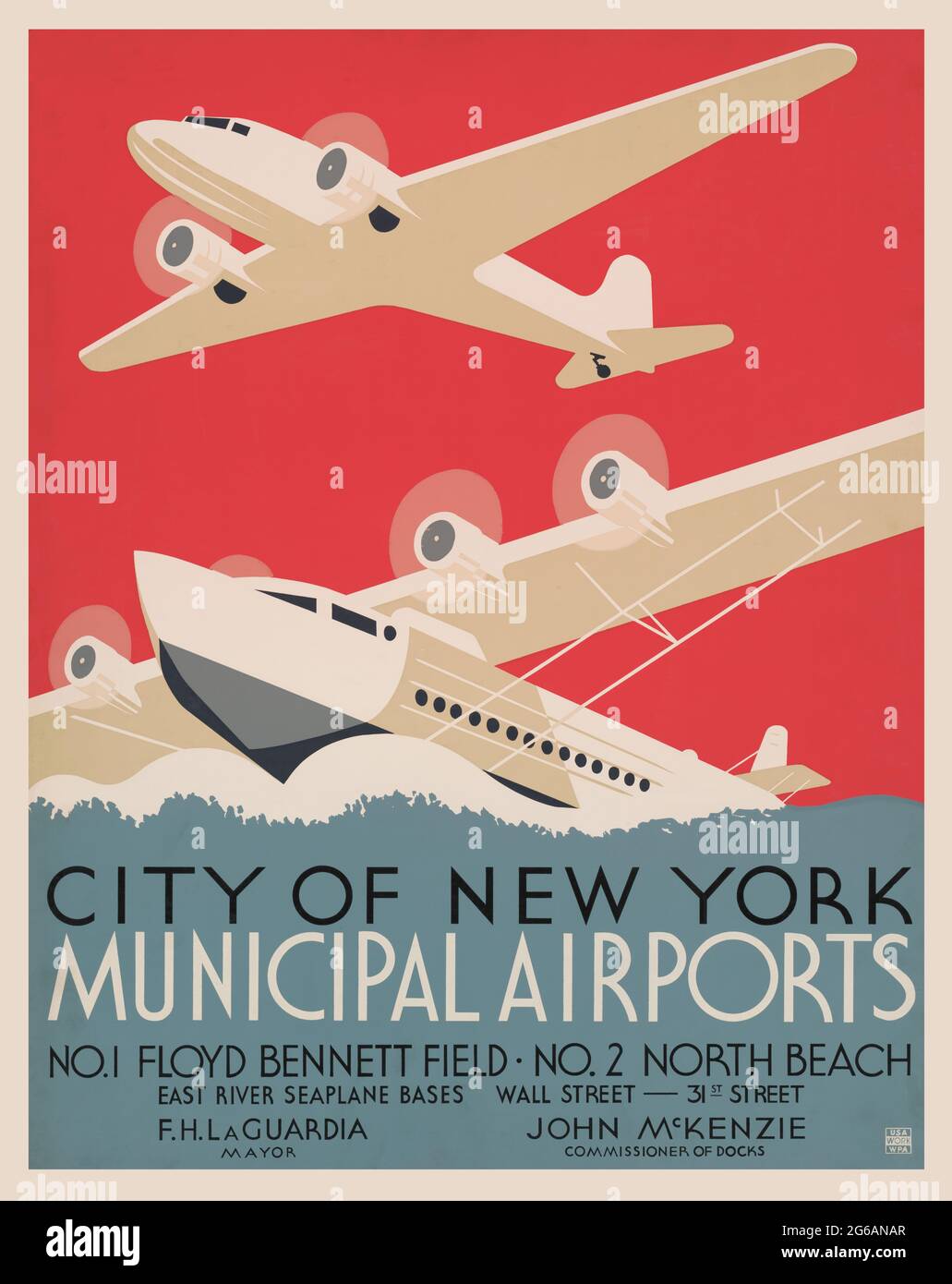 Aéroports municipaux de la ville de New York – affiche – 1937 – Floyd Bennett Field, North Beach. Affiche aviation. Banque D'Images