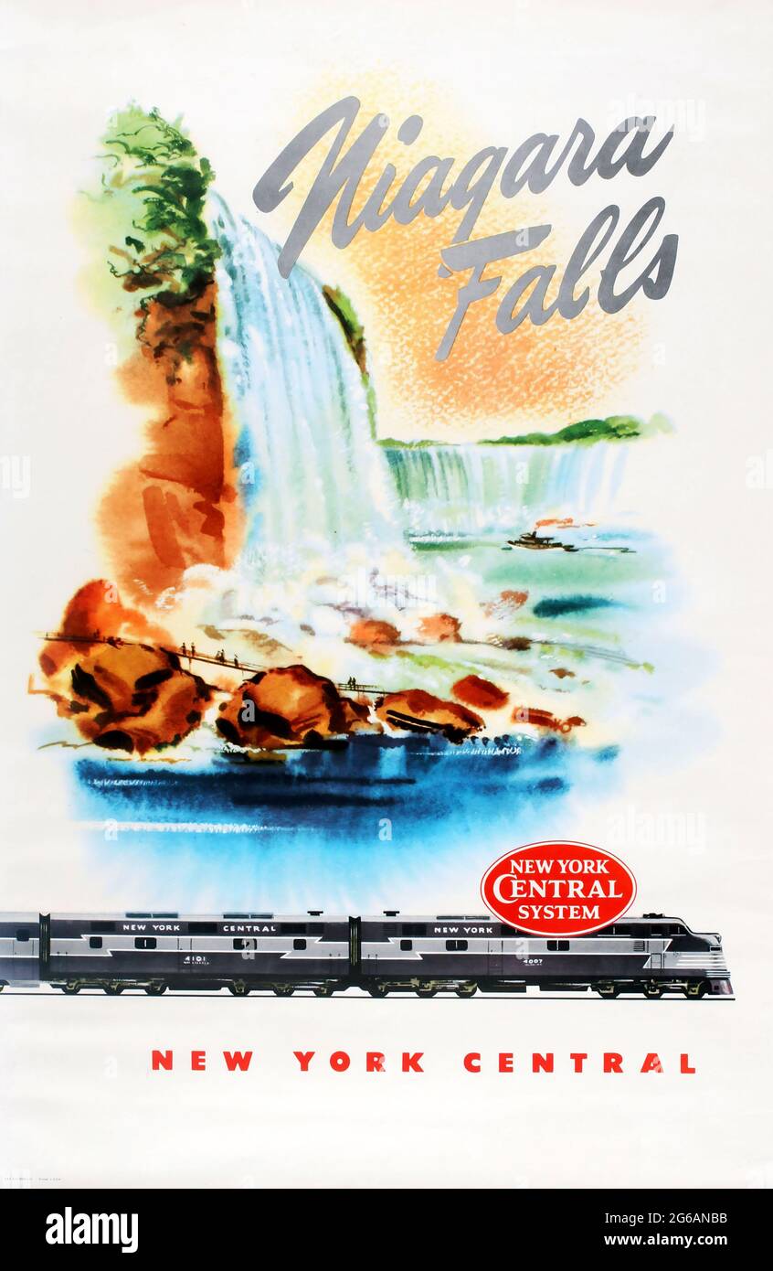 Affiche vintage New York Central Railway annonçant les chutes du Niagara 1951. Ancienne affiche de voyage. Banque D'Images