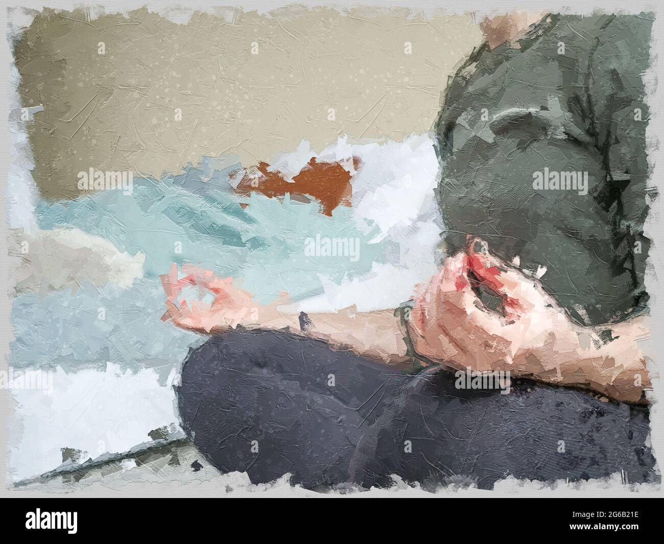 Femme assise sur le sol en posture de méditation près de son lit. Image dans le style impasto. Grande technique de brossage Banque D'Images