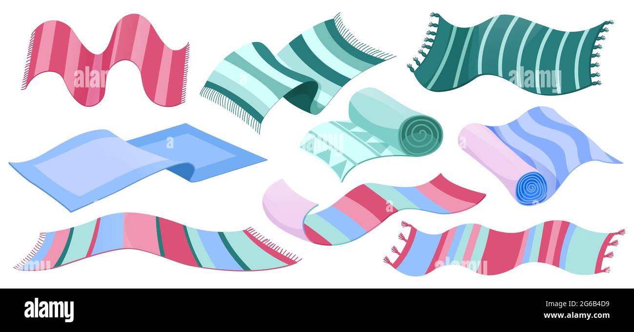 Collection de tapis, tapis de sol avec glands et motif à rayures. Ensemble de tapis en tissu rectangle pour intérieur et pique-nique, tapis tissés en coton enroulé et isolés sur fond blanc Illustration de Vecteur