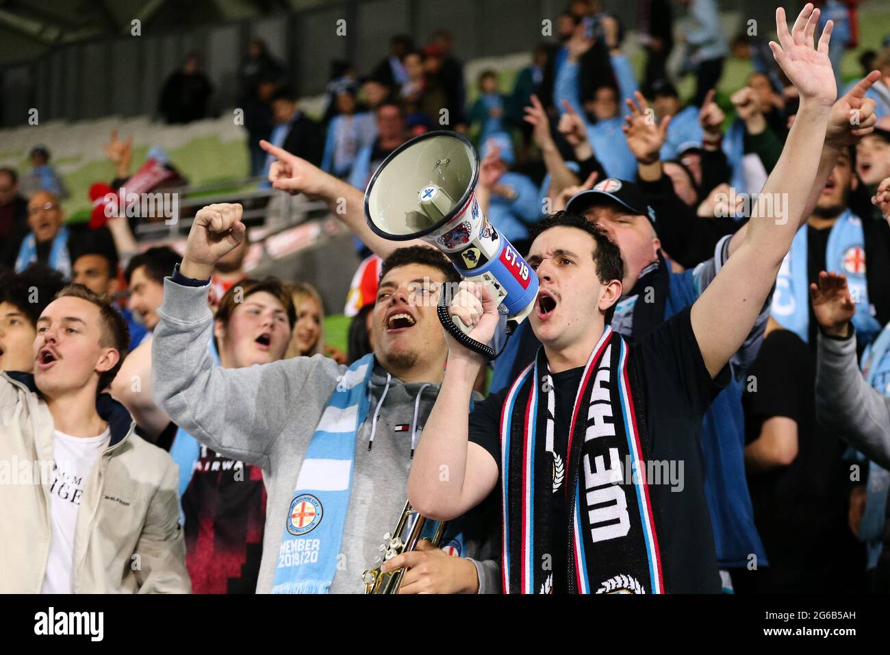 MELBOURNE, AUSTRALIE - 29 AVRIL : les fans de Melbourne City lors du match de football Hyundai A-League entre le Melbourne City FC et les Newcastle Jets le 29 avril 2021 à l'AAMI Park de Melbourne, en Australie. (Photo de Dave Hewitt) Banque D'Images