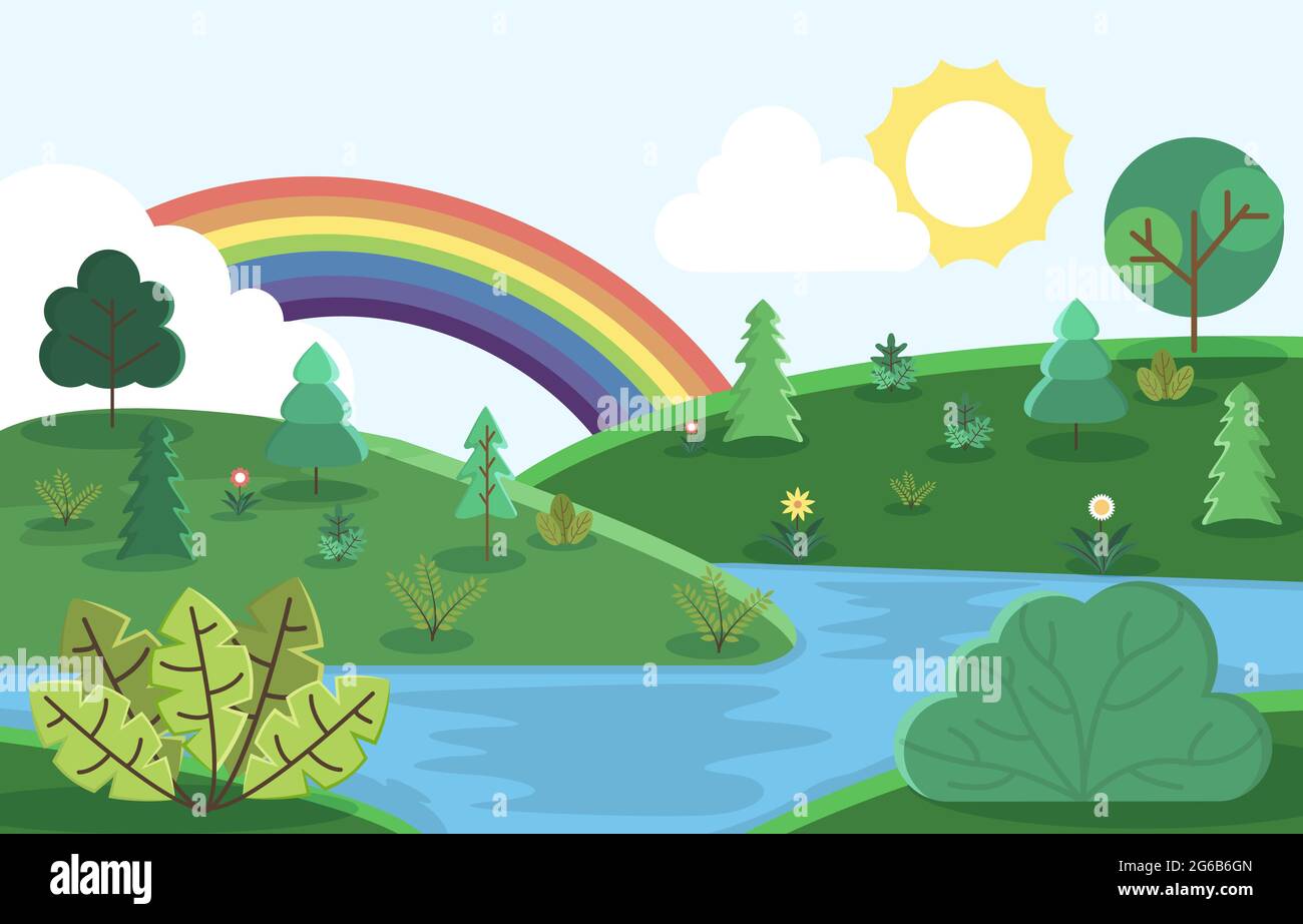 Magnifique Rainbow Summer Hills River nature Paysage Illustration Illustration de Vecteur