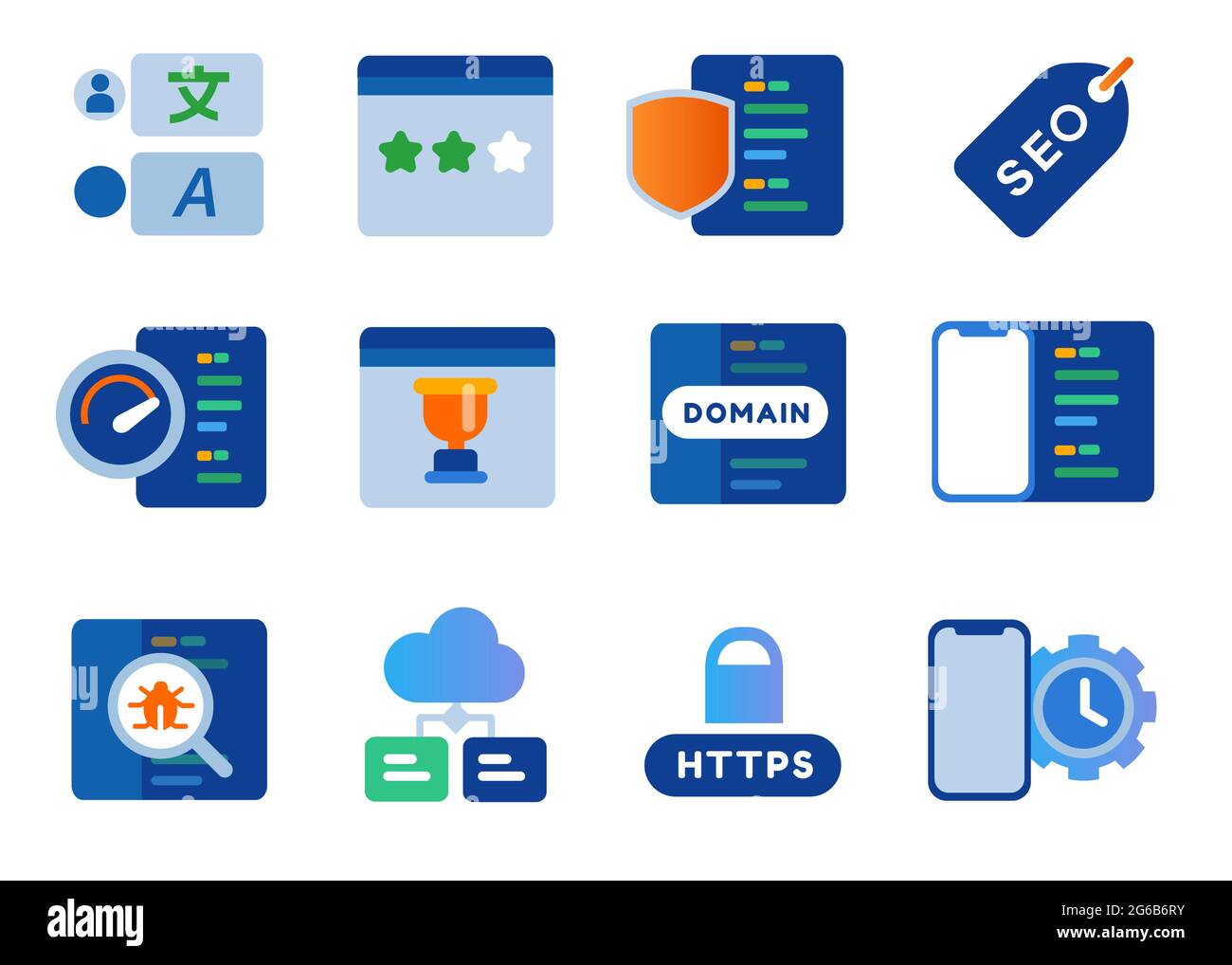 seo optimisation moteur de recherche site Web performance vitesse domaine HTTPS SSL smartphone codage trouver bogue Illustration de Vecteur