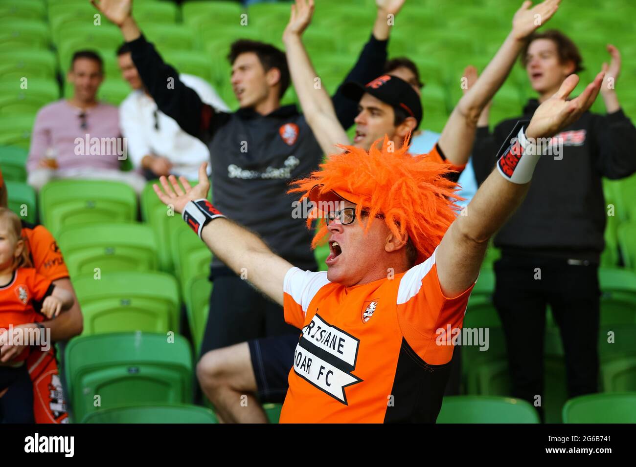 MELBOURNE, AUSTRALIE - 14 MARS : un fan de roar de Brisbane chante lors du match de football Hyundai A-League entre le Western United FC et le Brisbane Roar FC le 14 mars 2021 à l'AAMI Park de Melbourne, en Australie. (Photo de Dave Hewitt) Banque D'Images