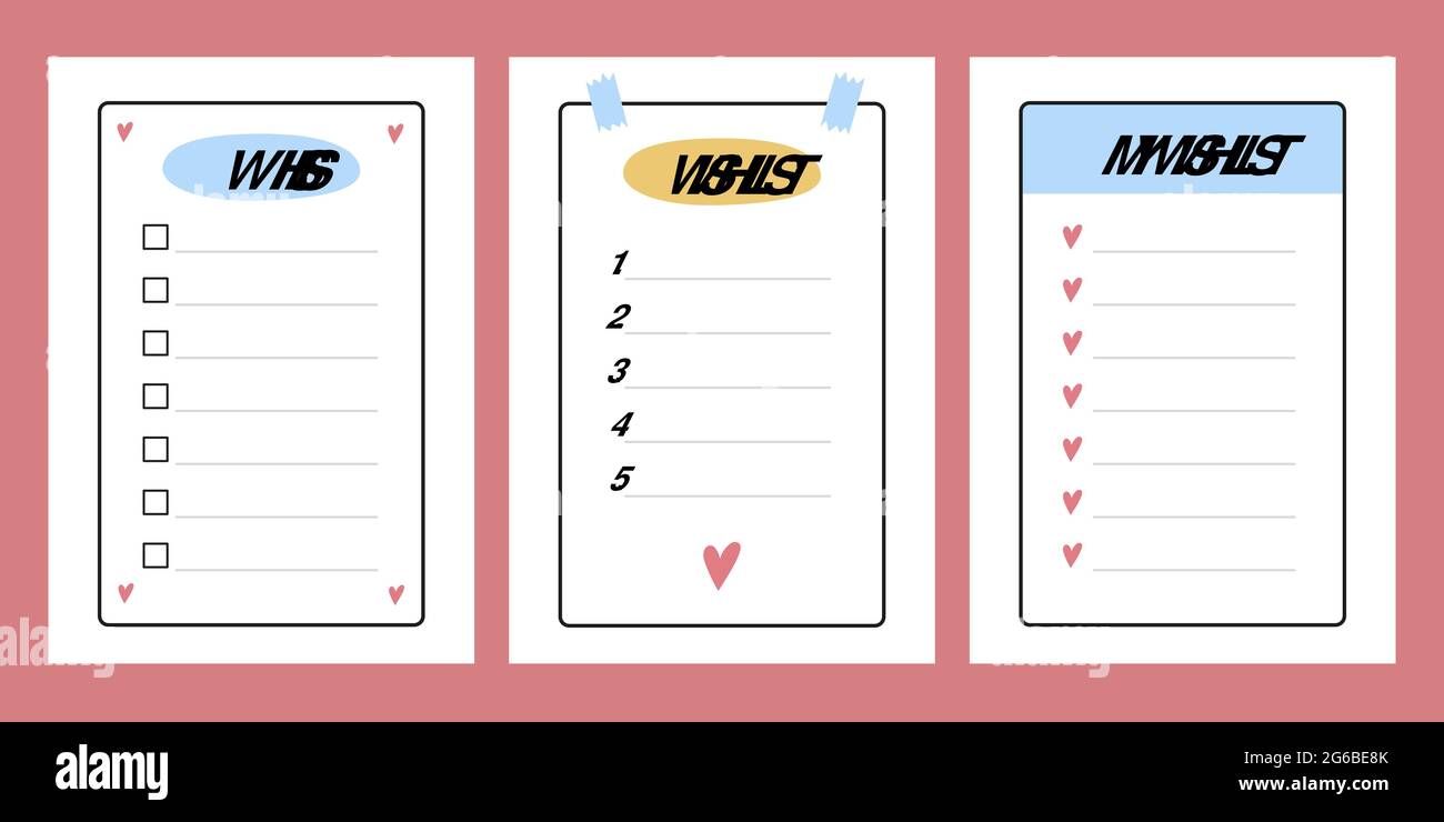 Éléments de liste de souhaits pour le journal à puces. Modèle de page avec cases à cocher et numéros. Liste de souhaits. Illustration vectorielle isolée Illustration de Vecteur