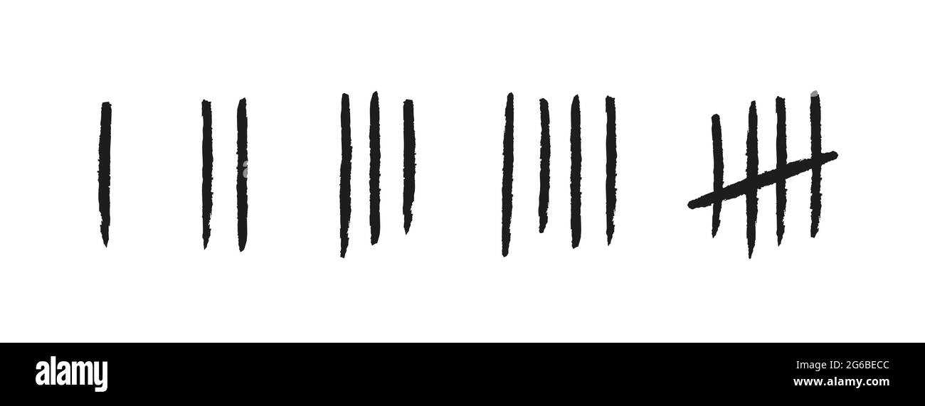 Points de calcul de un à cinq. Lignes ou bâtons dessinés à la main. Visualisation mathématique simple du comptage, comptoir de prison ou de mur de prison. Ensemble d'icônes numériques Illustration de Vecteur