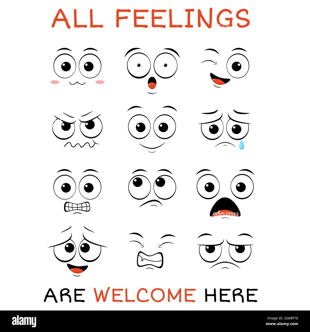 Tous Les Sentiments Sont Les Bienvenus Ici Banniere Vectorielle Avec Affirmation Pour La Salle De Jeux Pour Enfants Jolie Carte D Inspiration Avec Emoticones Et Lettrage Citation Motivante Image Vectorielle Stock Alamy