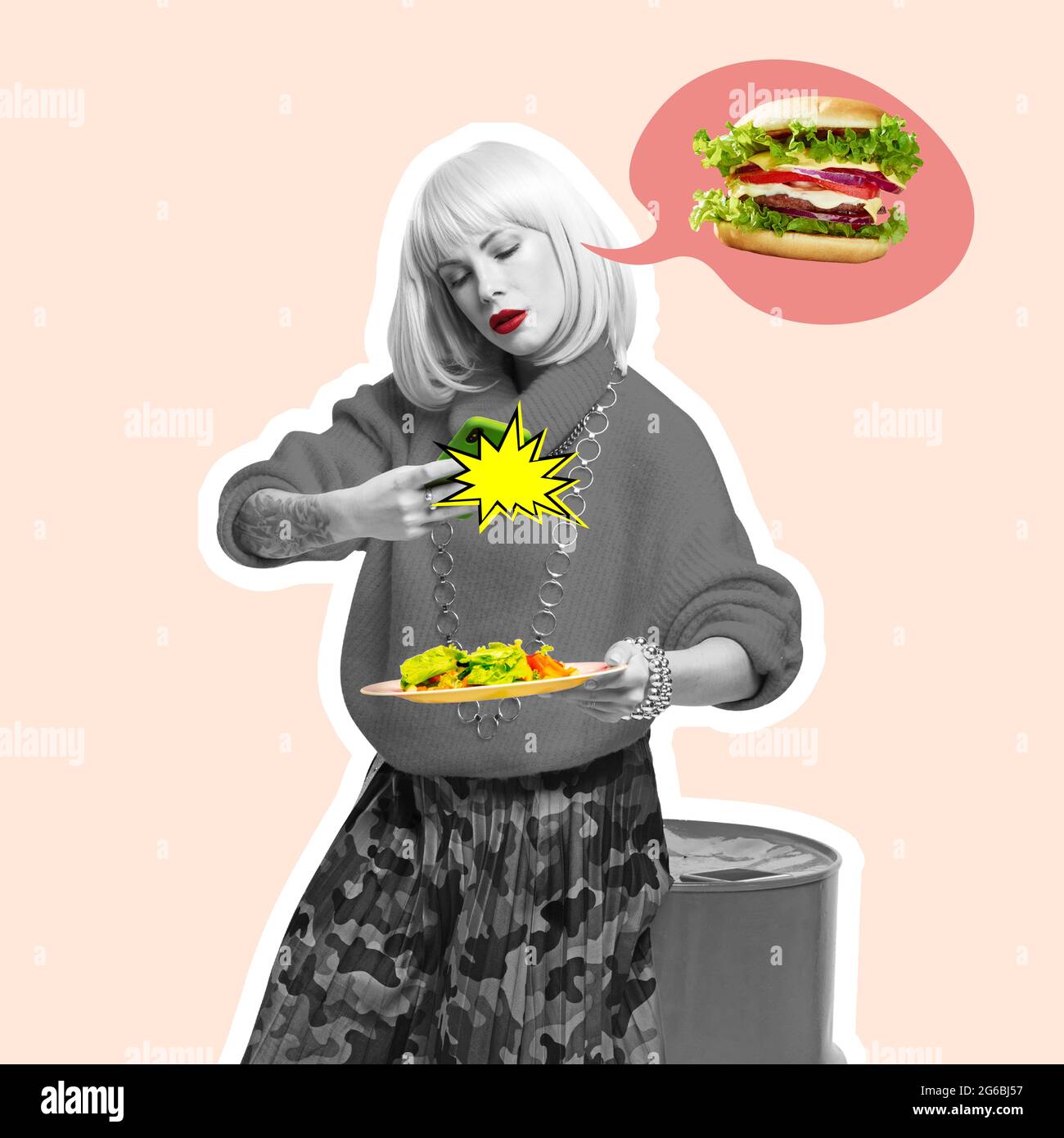 Jeune femme, blogueur de nourriture photographie de la nourriture isolée sur fond clair. Collage d'art contemporain et design moderne. Concept d'idée, inspiration Banque D'Images